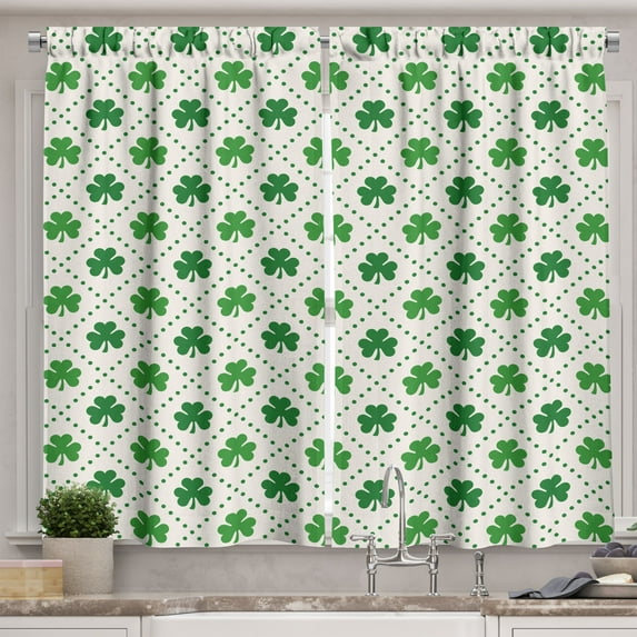 Ambesonne Irish Kitchen Curtains, 4 Leaf Shamrock Dots, 55"x39", White Green