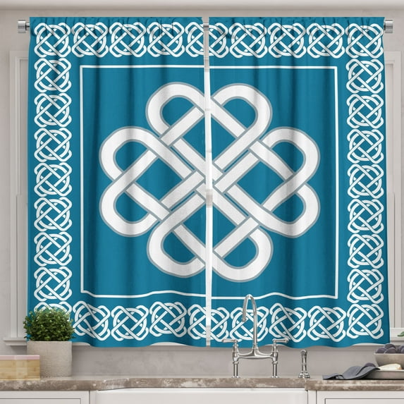 Ambesonne Irish Kitchen Curtains, Celtic Love Knot, 55"x45", Dark Aqua White