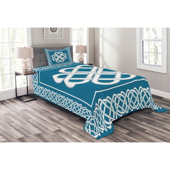 Ambesonne Irish Quilted Bedspread Set 2 Pcs, Celtic Love Knot, Twin Size, Dark Aqua White