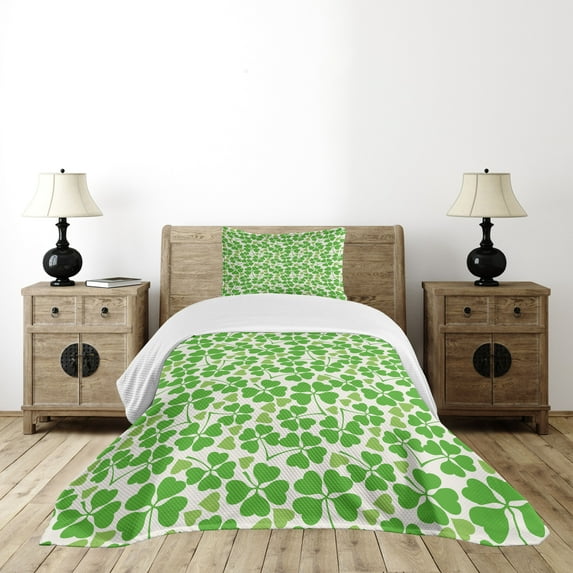 Ambesonne Irish Quilted Bedspread Set 2 Pcs, Gaelic Nature Clovers, Twin Size, Lime Green Pistachio