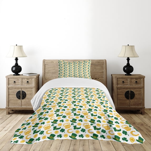 Ambesonne Irish Quilted Bedspread Set 2 Pcs, Happy St. Patrick's Day, Twin Size, Green Yellow White