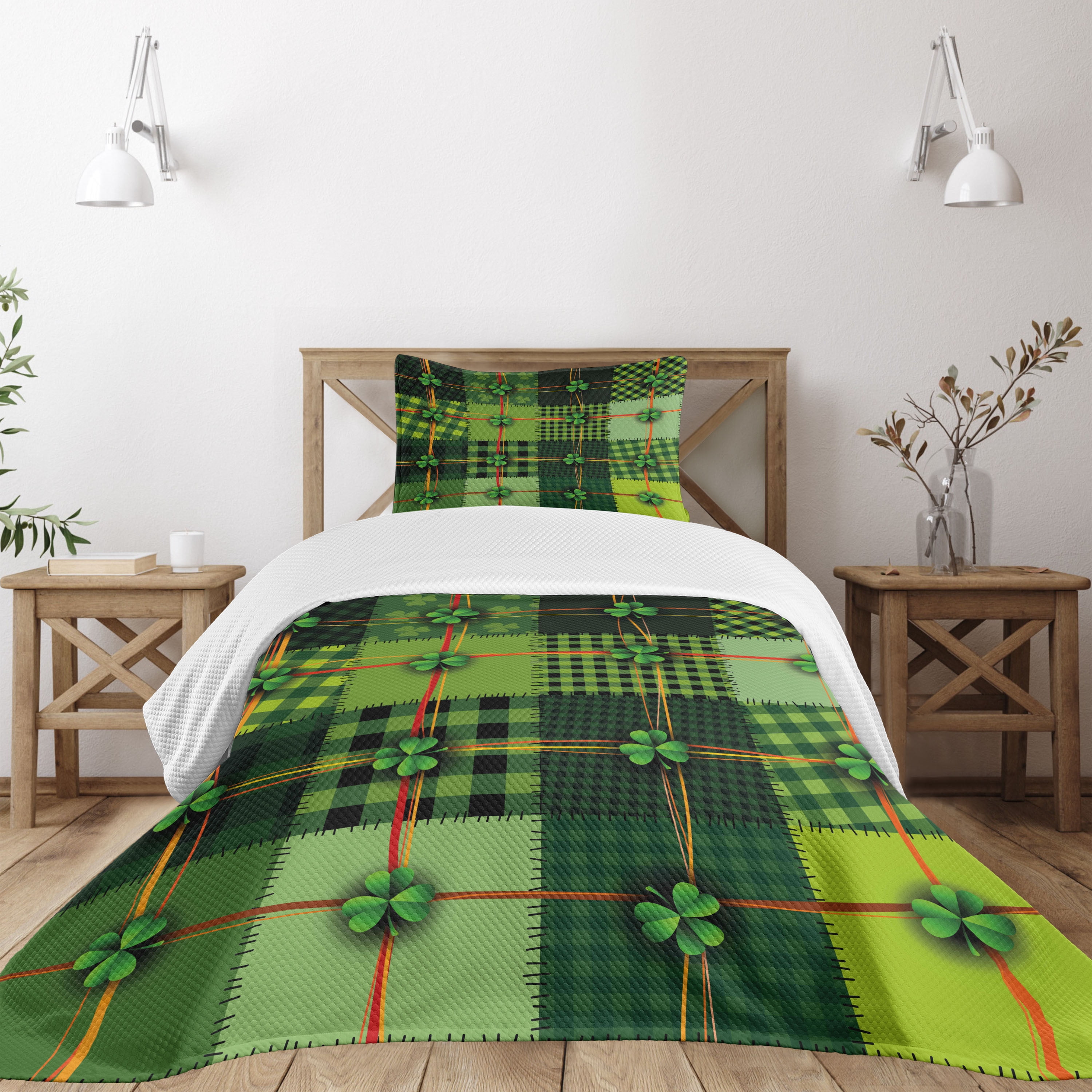 Twin White and Green Quilted Bedspread Set with Sham