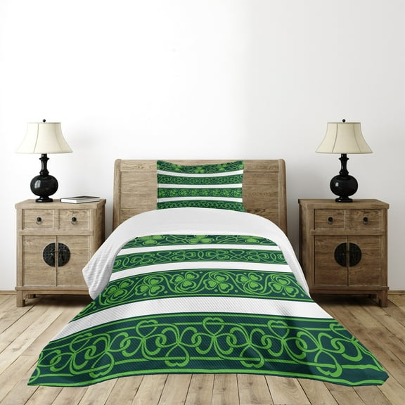 Ambesonne Irish Quilted Bedspread Set 2 Pcs, Shamrock Borders Art, Twin Size, Forest Green White