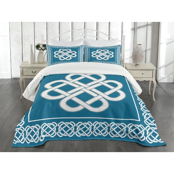 Ambesonne Irish Quilted Bedspread Set 3 Pcs, Celtic Love Knot, Queen Size, Dark Aqua White