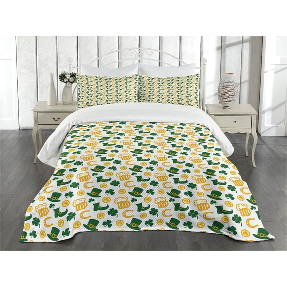 Ambesonne Irish Quilted Bedspread Set 3 Pcs, Happy St. Patrick's Day, Queen Size, Green Yellow White