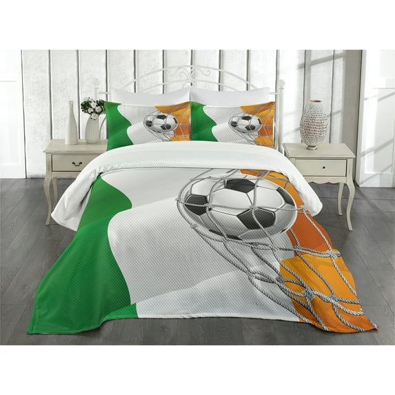 Ambesonne Irish Quilted Bedspread Set 3 Pcs, Soccer Ball in Net Goal, King Size, Multicolor