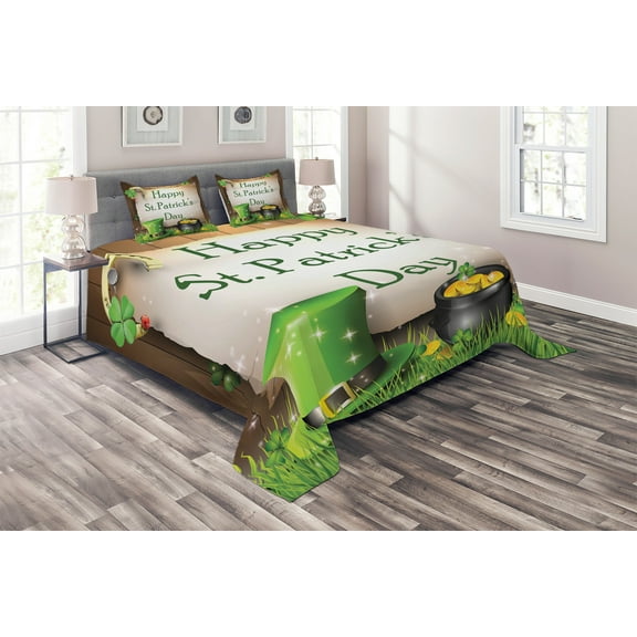 Ambesonne Irish Quilted Coverlet 3 Pcs, St Patricks Day, Queen Size, Multicolor