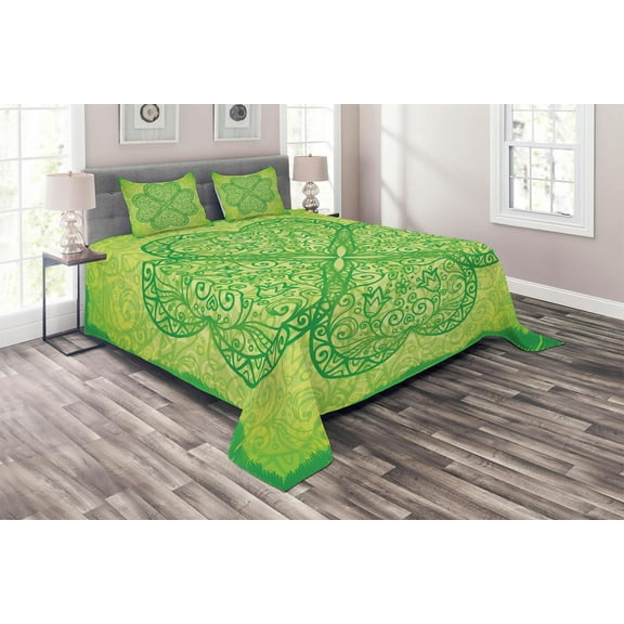 Ambesonne Irish Quilted Coverlet 3 Pcs, Traditional Heart Motif, King Size, Green Pale Avocado Green