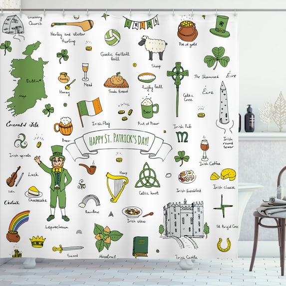 Ambesonne Irish Shower Curtain, Ireland Doodle Style Elements, 69"Wx70"L, Multicolor