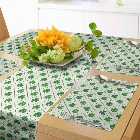 Ambesonne Irish Table Runner & Placemats, 4 Leaf Shamrock Dots, Placemat 4 pcs + Runner 14"x72", White Green