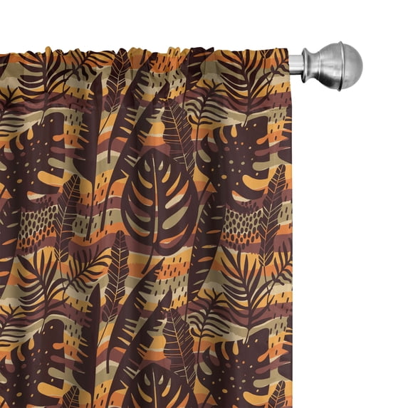 Ambesonne Island Window Curtains, Summer Tropical Leaves Motif, Each 28" W x 84" L, Seal Brown and Orange