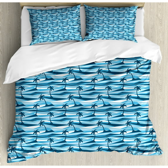 Ambesonne Island Duvet Cover Sets, Blue Monochrome Palm and Sea, 2-Queen, Sky Blue White