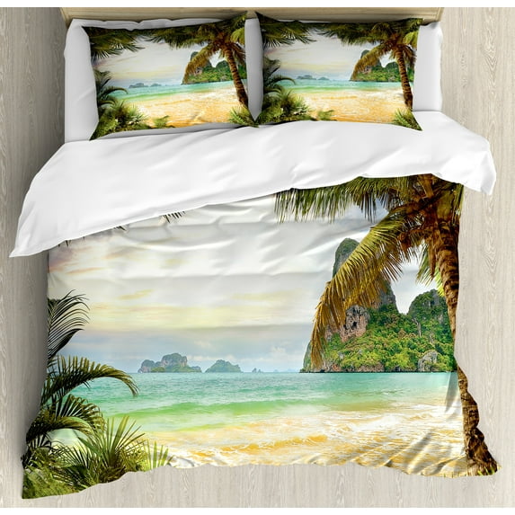 Ambesonne Island Duvet Cover Sets, Palm Coconut Trees Beach, 2-Queen, Green Brown Cream