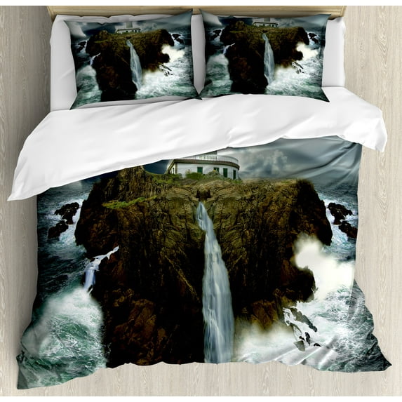 Ambesonne Island Duvet Cover Sets, Rocks Stormy Sealife, 2-King, Grey White Brown