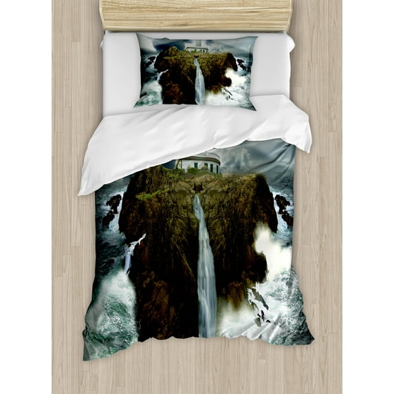 Ambesonne Island Duvet Cover Sets, Rocks Stormy Sealife, 2-Twin, Grey White Brown