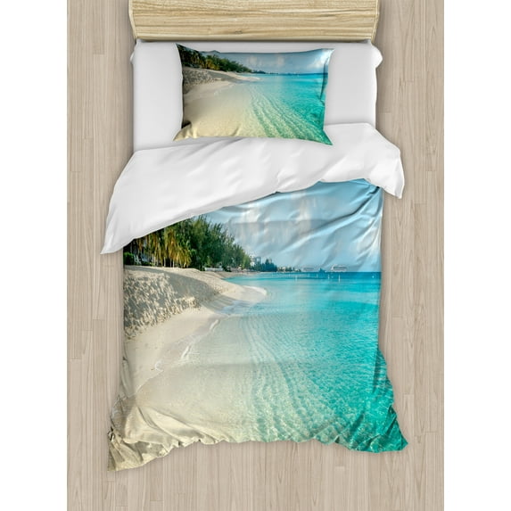Ambesonne Island Duvet Cover Sets, Seven Mile Beach Image Art, 2-Twin, Sky Blue and Multicolor