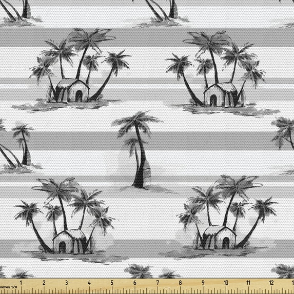 Ambesonne Island Fabric by the Yard Upholstery, Greyscale Coastal Palms Art, 5 Yards, Pale Grey and Black