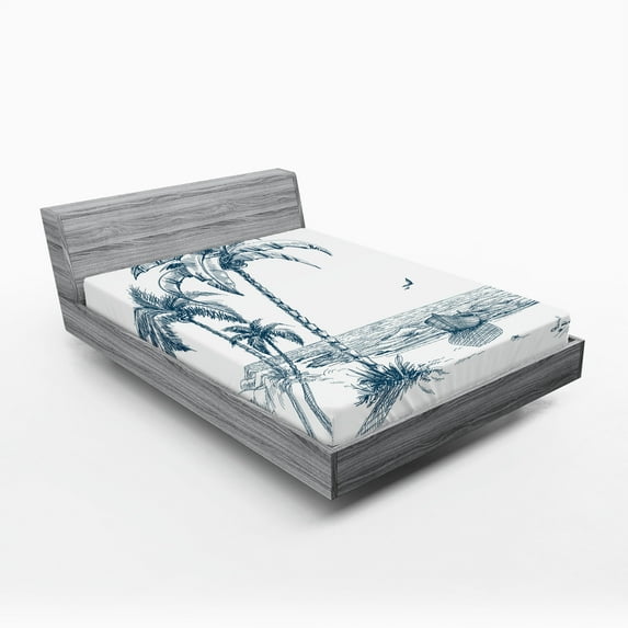 Ambesonne Island Fitted Sheet 2 Pcs Set, Palm Tree Boat Sketch, California King, Petrol Blue White