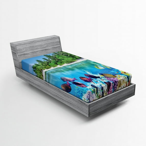 Ambesonne Island Fitted Sheet, Aquatic World Maldives, Twin XL Size, Multicolor