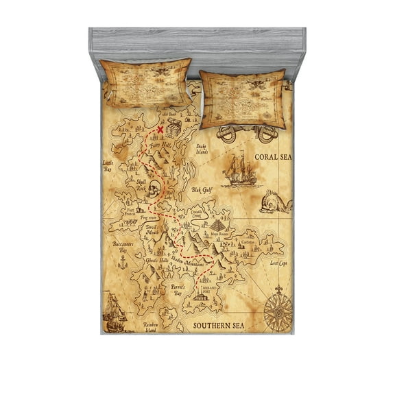 Ambesonne Island Fitted Sheet & Pillow Sham Set, Old Paper Treasure Map, Calking, Beige Brown