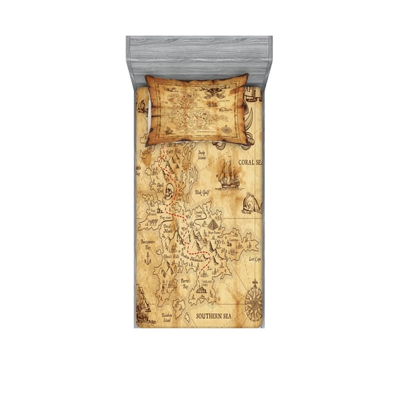 Ambesonne Island Fitted Sheet & Pillow Sham Set, Old Paper Treasure Map, Twin, Beige Brown