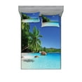 thumbnail image 1 of Ambesonne Island Fitted Sheet & Pillow Sham Set, Sunny Horizon of Prislin, Full, Turquoise Green Blue, 1 of 2