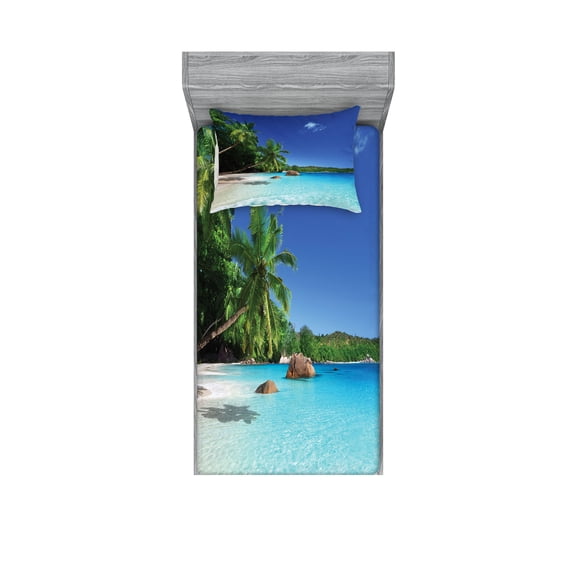 Ambesonne Island Fitted Sheet & Pillow Sham Set, Sunny Horizon of Prislin, Twin, Turquoise Green Blue