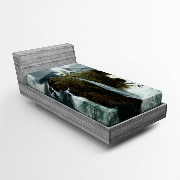 Ambesonne Island Fitted Sheet, Rocks Stormy Sealife, Twin Size, Grey White Brown