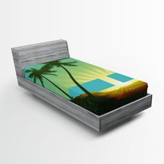 Ambesonne Island Fitted Sheet, Tropical Sunrise, Twin XL Size, Seafoam Lime Green