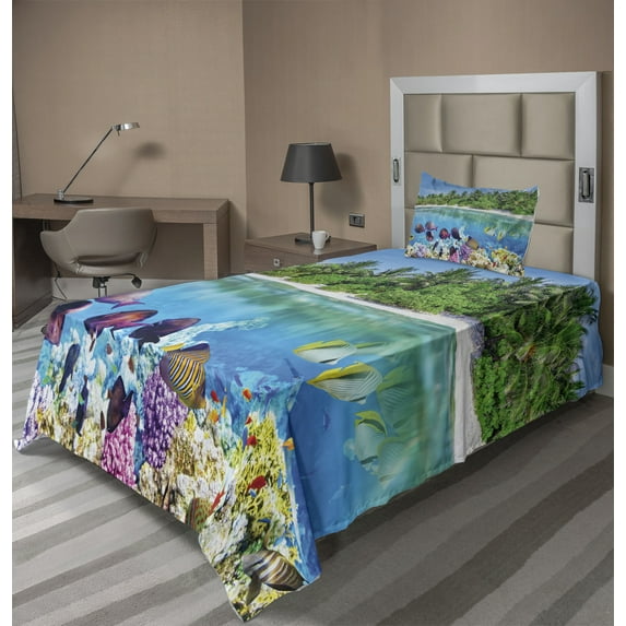 Ambesonne Island Fitted & Top Sheet Set with Sham, Aquatic World Maldives, Multicolor