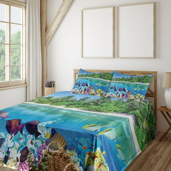 Ambesonne Island Fitted & Top Sheet Set with Shams, Aquatic World Maldives, Multicolor