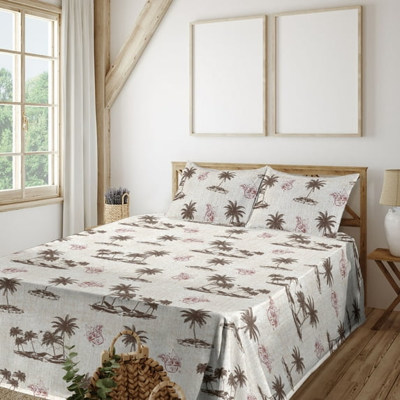 Ambesonne Island Life Fitted & Flat Sheet with Sham 3 Pcs Set, Tropical Isle and Palm, Twin, Eggshell Taupe Raspberry