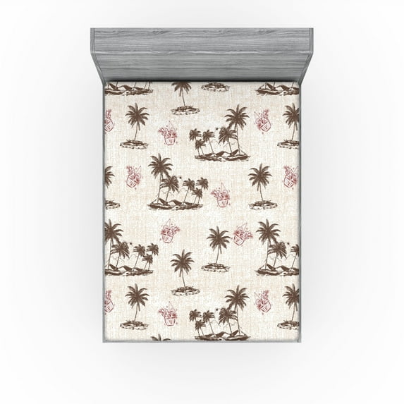 Ambesonne Island Life Fitted Sheet, Tropical Isle and Palm, Queen Size, Eggshell Taupe Raspberry
