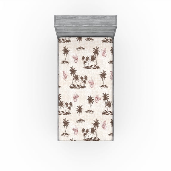 Ambesonne Island Life Fitted Sheet, Tropical Isle and Palm, Twin XL Size, Eggshell Taupe Raspberry