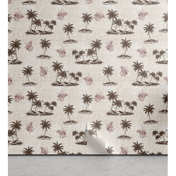 Ambesonne Island Life Peel & Stick Wallpaper for Home, Tropical Isle and Palm, 13"x72", Eggshell Taupe Raspberry
