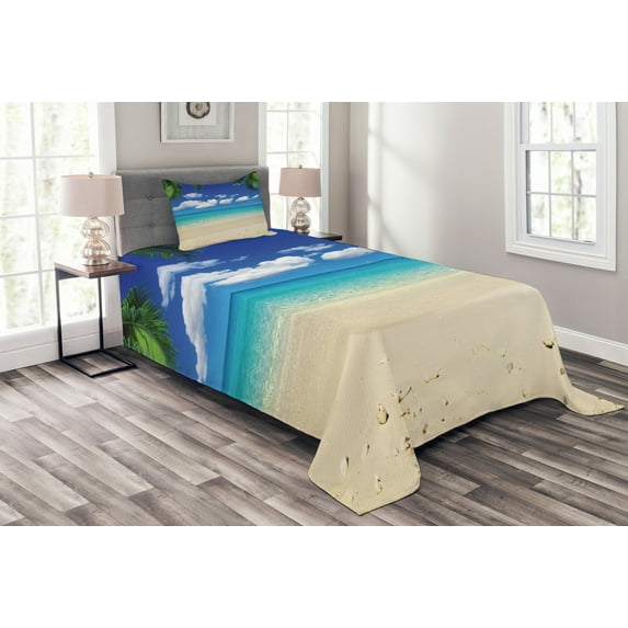 Ambesonne Island Quilted Bedspread Set 2 Pcs, Tropic Vacation Scenic, Twin Size, Royal Blue Sand Brown