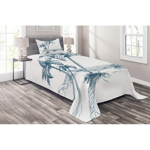 Ambesonne Island Quilted Coverlet 2 Pcs, Palm Tree Boat Sketch, Twin Size, Petrol Blue White