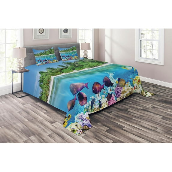 Ambesonne Island Quilted Coverlet 3 Pcs, Aquatic World Maldives, Queen Size, Multicolor