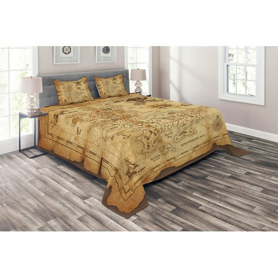 Ambesonne Island Quilted Coverlet 3 Pcs, Old Paper Treasure Map, Queen Size, Beige Brown