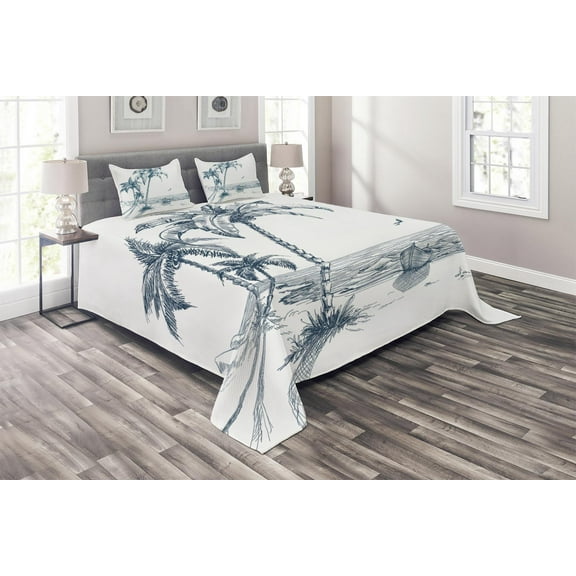 Ambesonne Island Quilted Coverlet 3 Pcs, Palm Tree Boat Sketch, Queen Size, Petrol Blue White