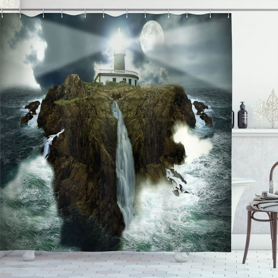 Ambesonne Island Shower Curtain, Rocks Stormy Sealife, 69"Wx70"L, Grey White Brown