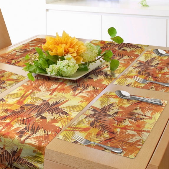 Ambesonne Island Table Runner & Placemats, Orange Summer Forest Jungle, Placemat 4 pcs + Runner 16"x90", Dark Orange Brown Coral