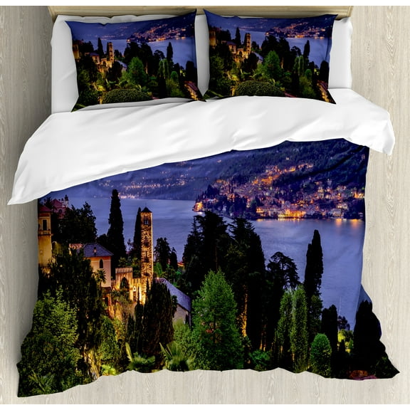 Ambesonne Italian Duvet Cover Set, Village Aerial Scenery, Queen, Blue Green