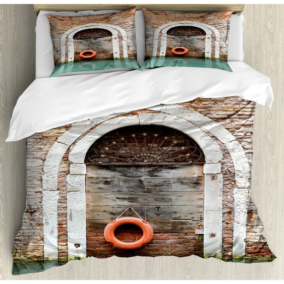 Ambesonne Italian Duvet Cover Sets, Historical Venice Door, 2-King, Red Brown