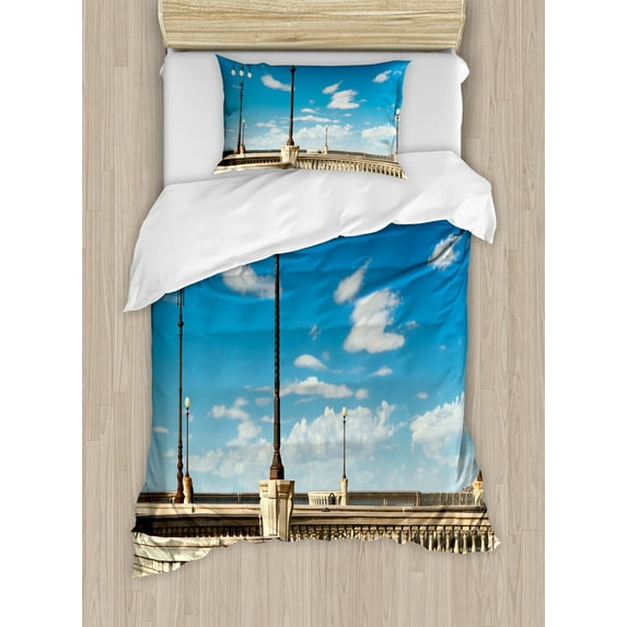 Ambesonne Italian Duvet Cover Sets, Mascagni Livorno Street, 2-Twin, Sky Blue White and Black