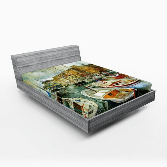 Ambesonne Italian Fitted Sheet, Boats in Naples, Full Size, Multicolor