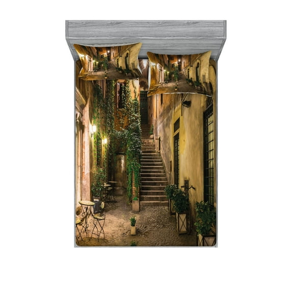 Ambesonne Italian Fitted Sheet & Pillow Sham Set, Old Cafe in Rome City, King, Pale Yellow Green Orange