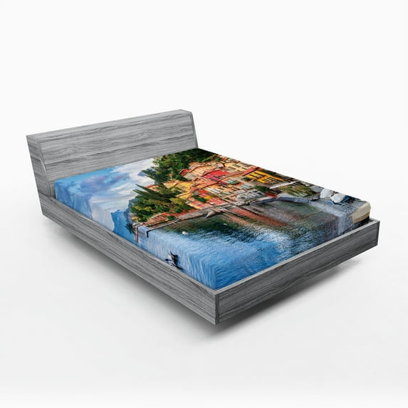 Ambesonne Italian Fitted Sheet, Yacht Boat Idyllic Town, Full Size, Multicolor