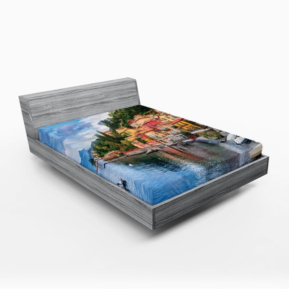 Ambesonne Italian Fitted Sheet, Yacht Boat Idyllic Town, Queen Size, Multicolor