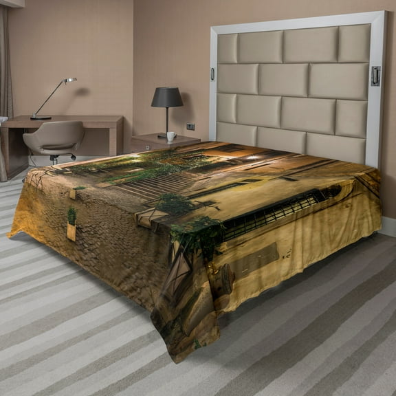 Ambesonne Italian Flat Sheet, Old Cafe in Rome City, Queen Size, Pale Yellow Green Orange